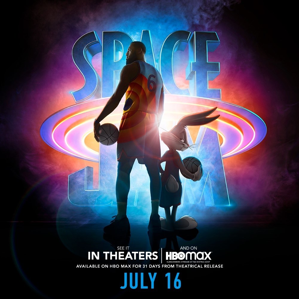 Lebron James and Looney Tunes' Bugs Bunny are in the silhouette of the movie title Space Jam. The movie will be in theaters and on HBO Max July 16.